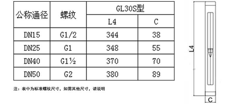 GL30S-15玻璃轉子流量計產品尺寸